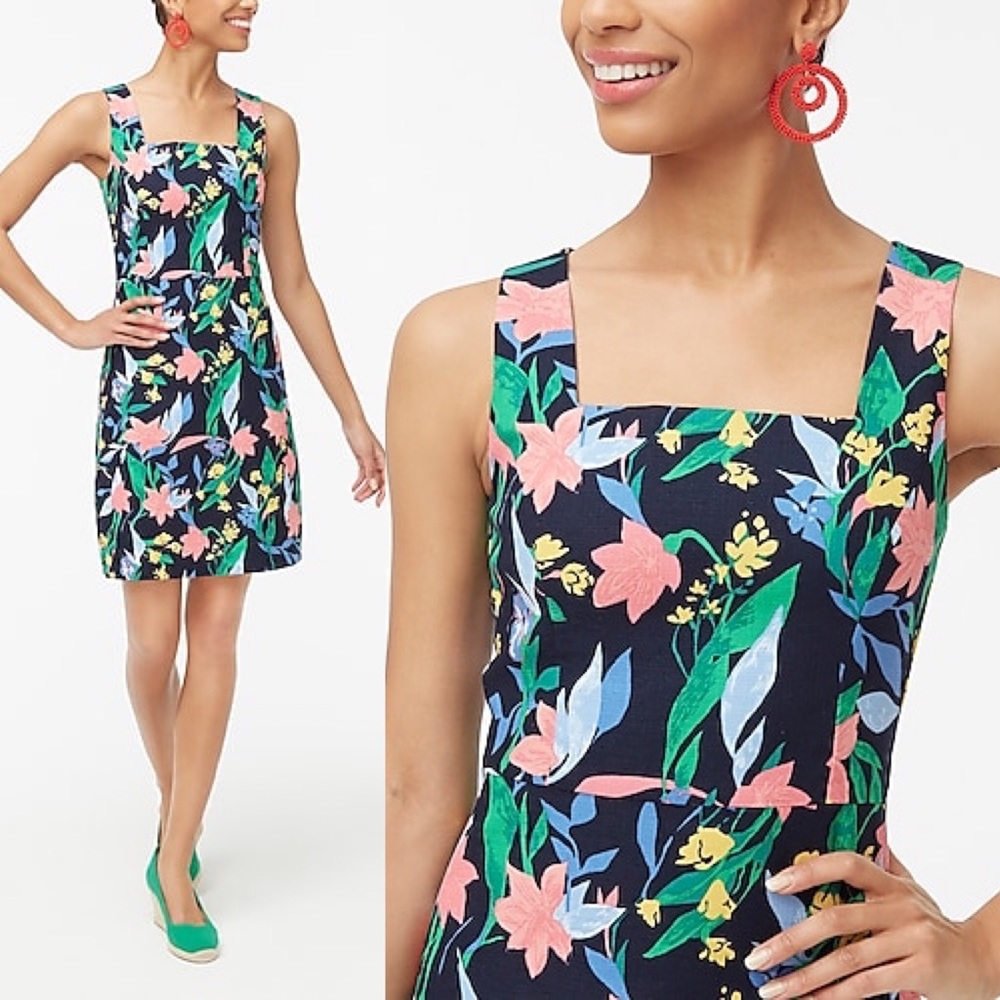 New J. Crew Square Neck Floral Basketweave Dress